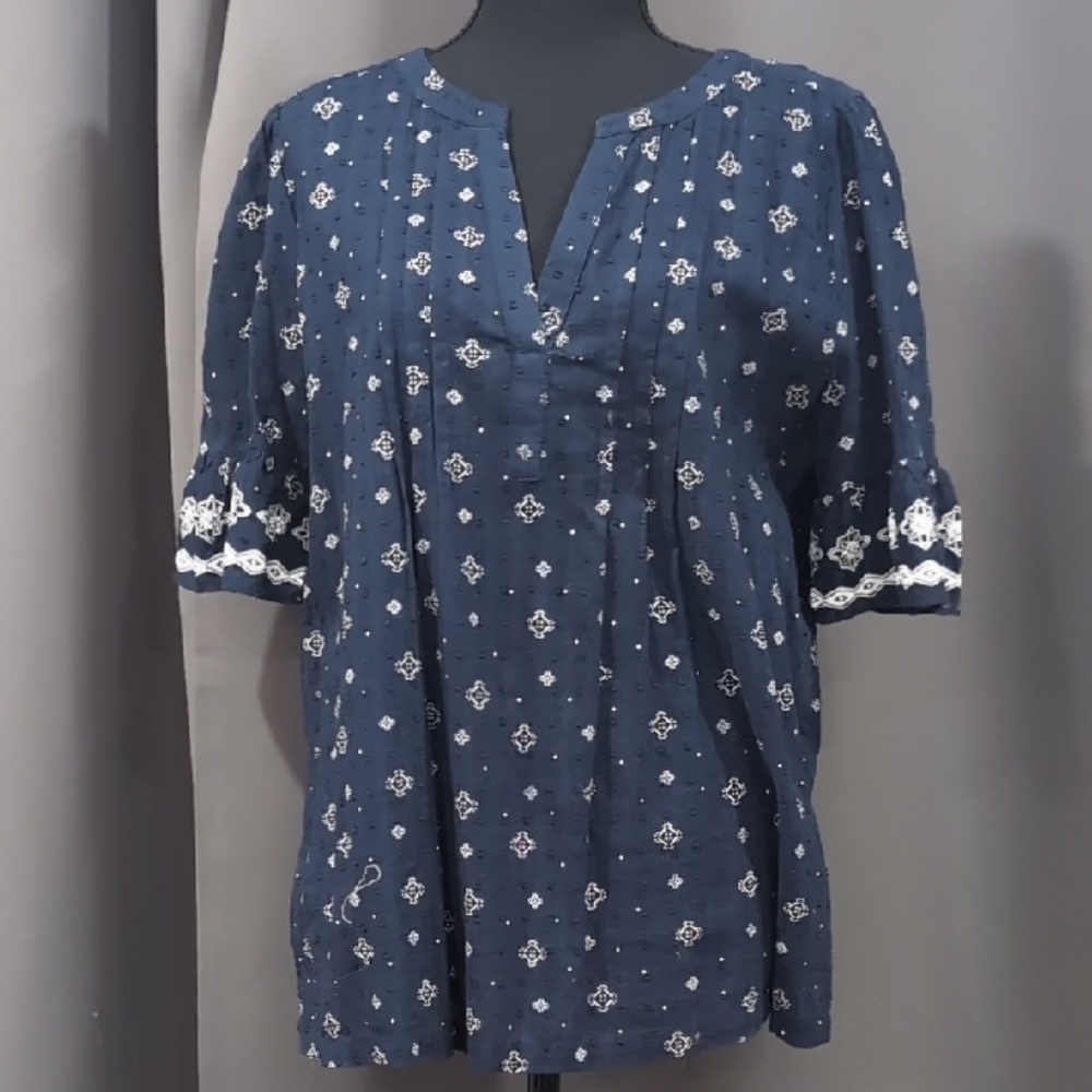 LOFT Dark Blue Blouse with White Embroidery
